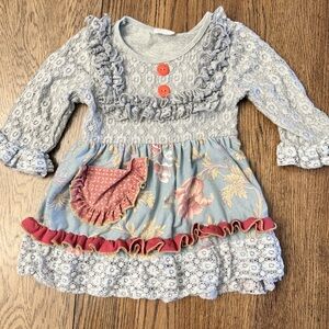 Tutu and Lulu Lace & Blue Floral Ruffle Dress w/ Red Accents 2-3T CUTE! Boho CK